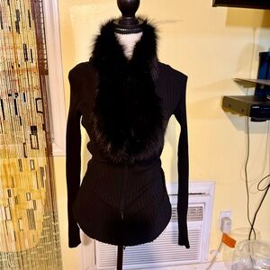 Cache Black Sweater with Faux Fur Collar